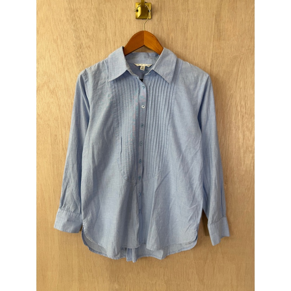 Cabi Blue Pleated Bib Tuxedo Button Down Shirt Medium Back Button Detail